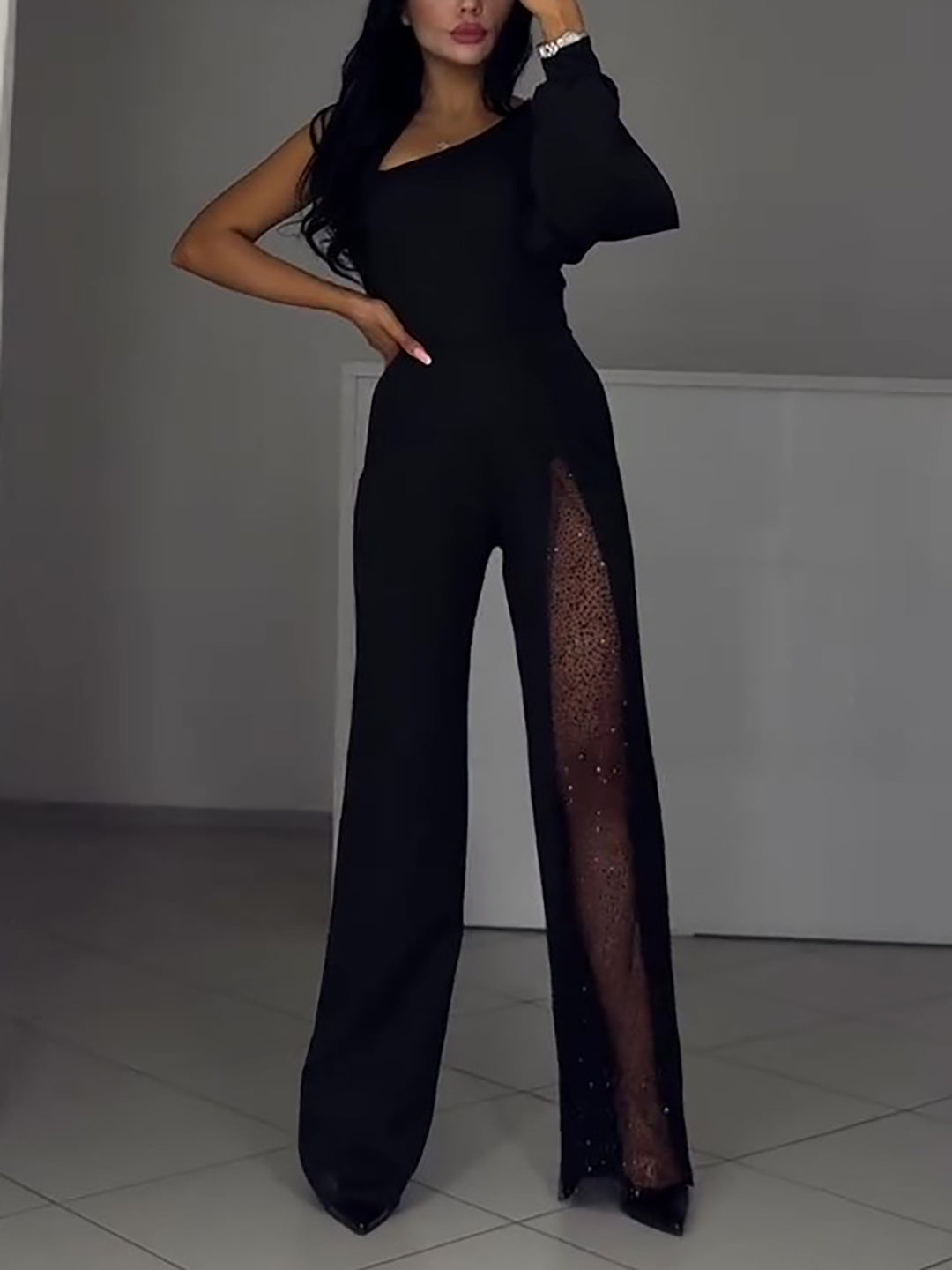 "Single Sleeve Patchwork Mesh Jumpsuit | Stylish Women’s Fashion Outfit"