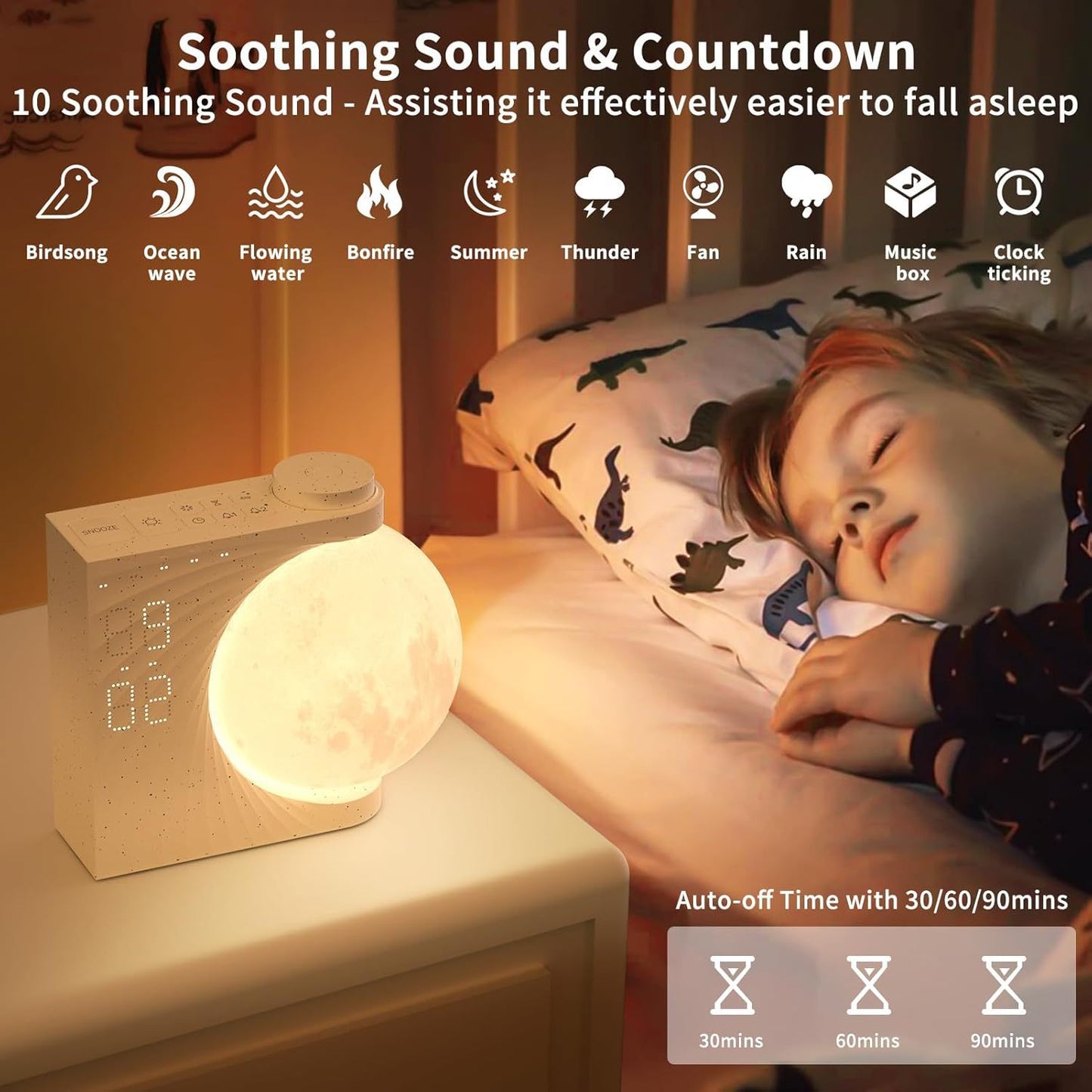 "Moon Light Alarm Clock | Colorful Wake-Up Light with White Noise & Timer"