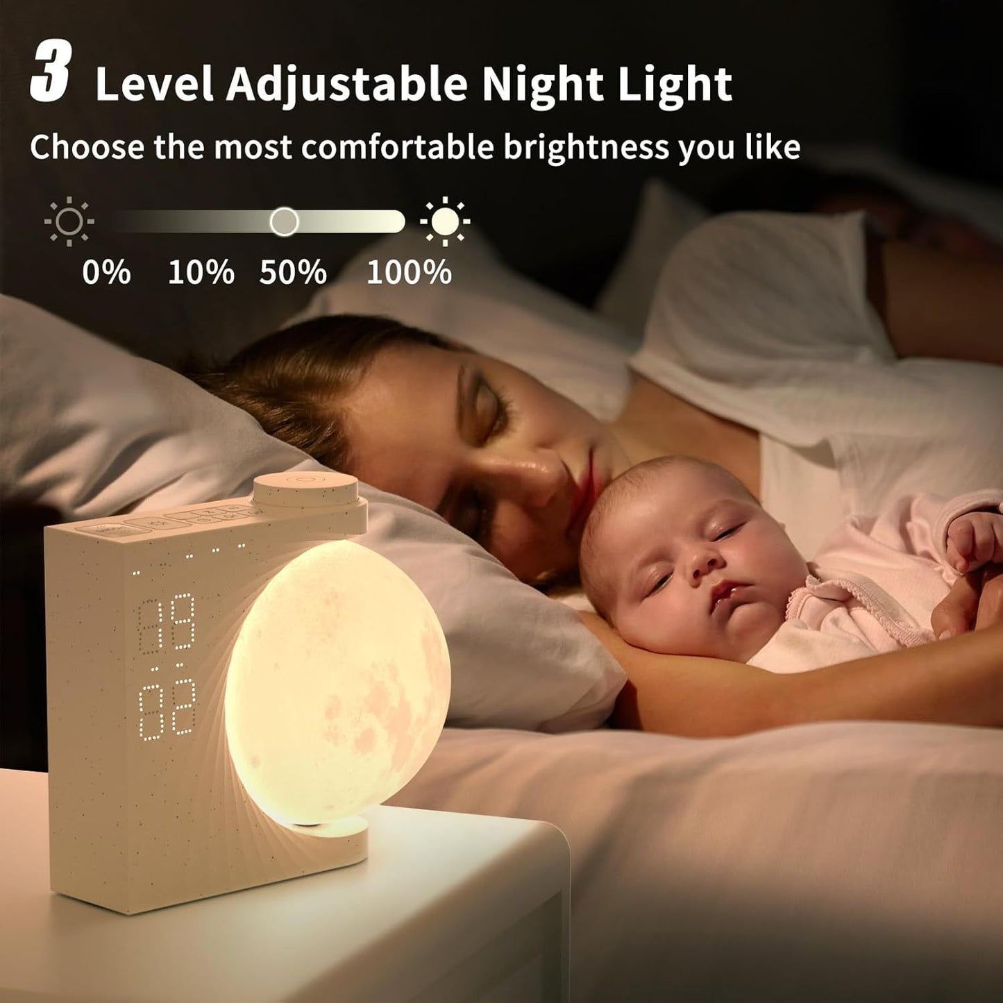 "Moon Light Alarm Clock | Colorful Wake-Up Light with White Noise & Timer"