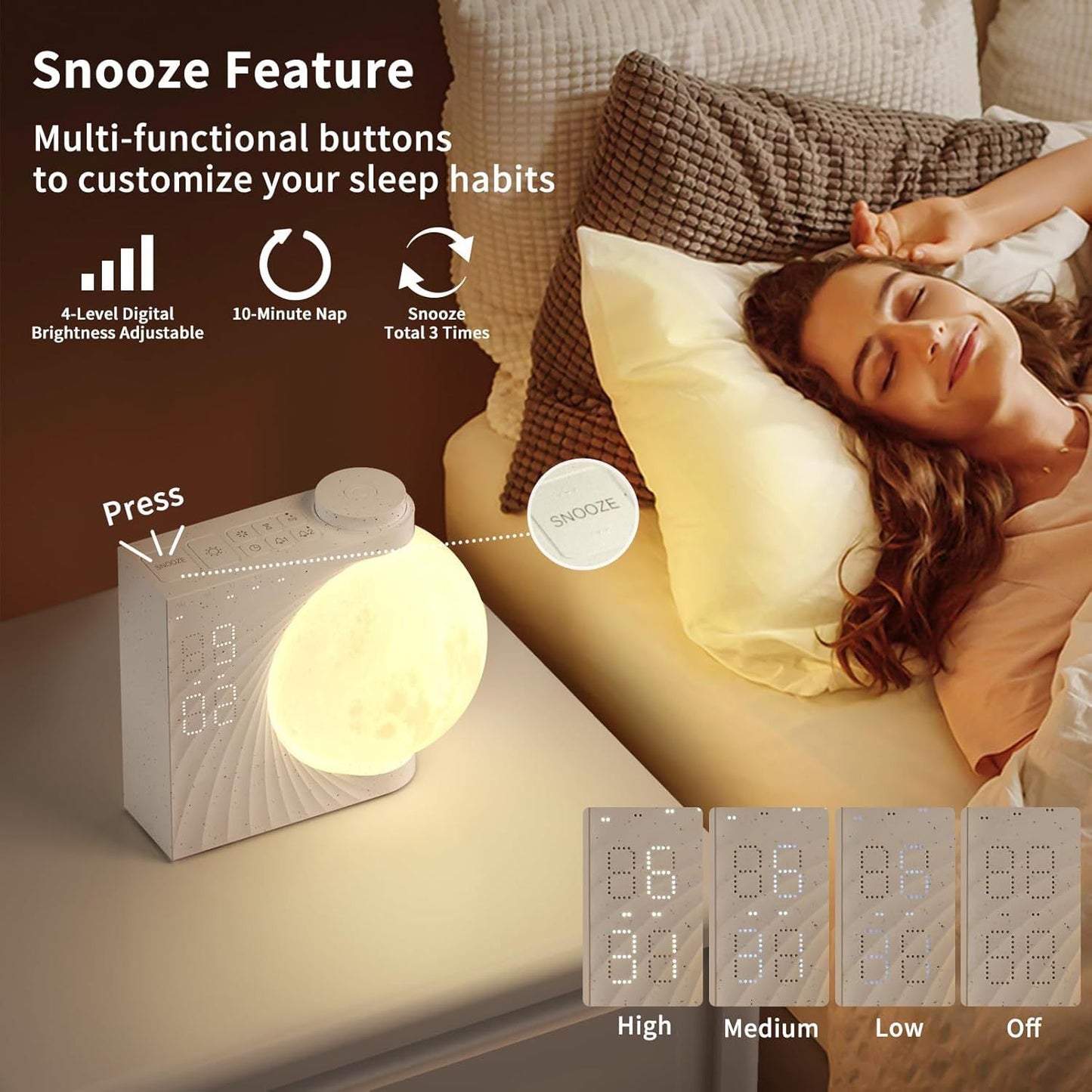 "Moon Light Alarm Clock | Colorful Wake-Up Light with White Noise & Timer"