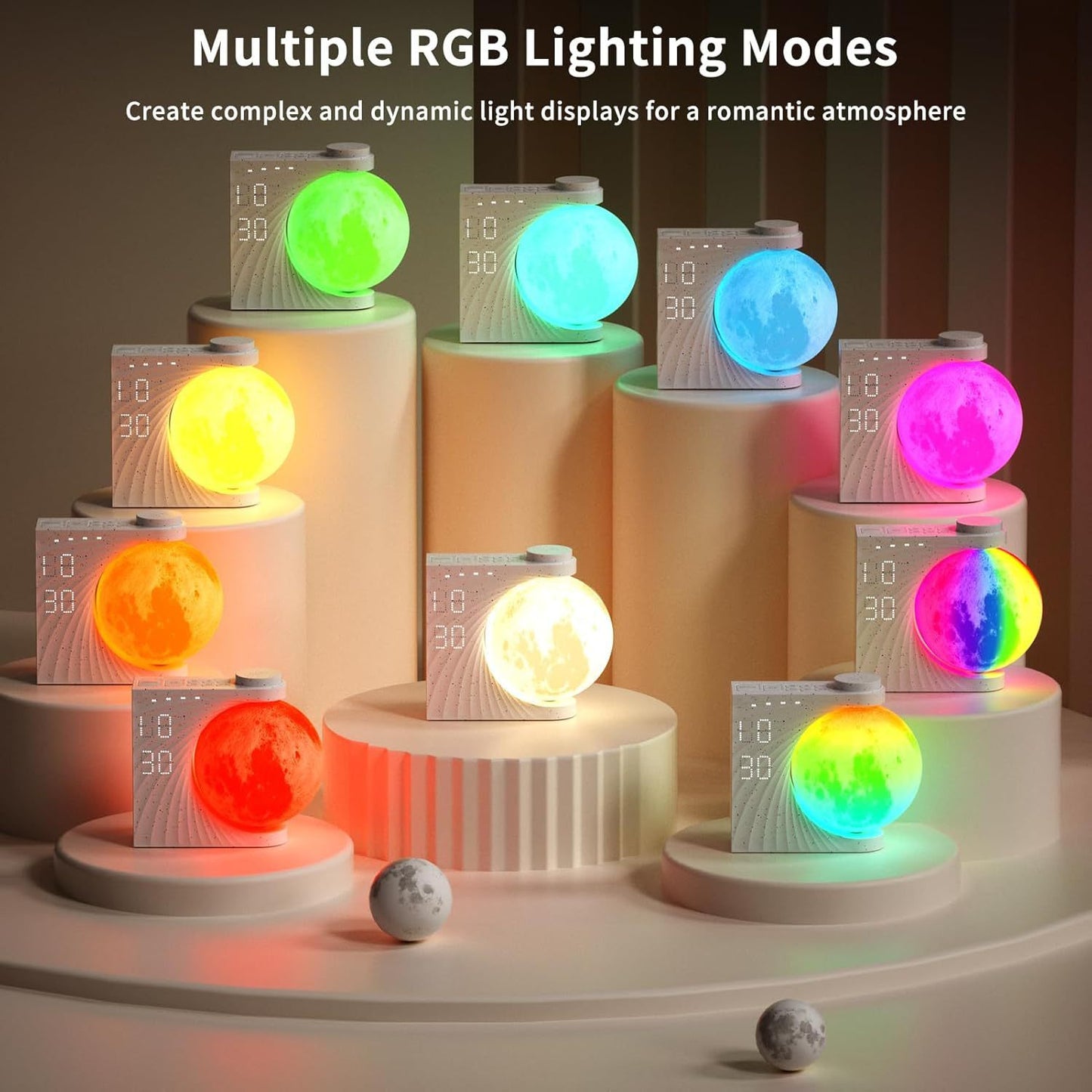 "Moon Light Alarm Clock | Colorful Wake-Up Light with White Noise & Timer"