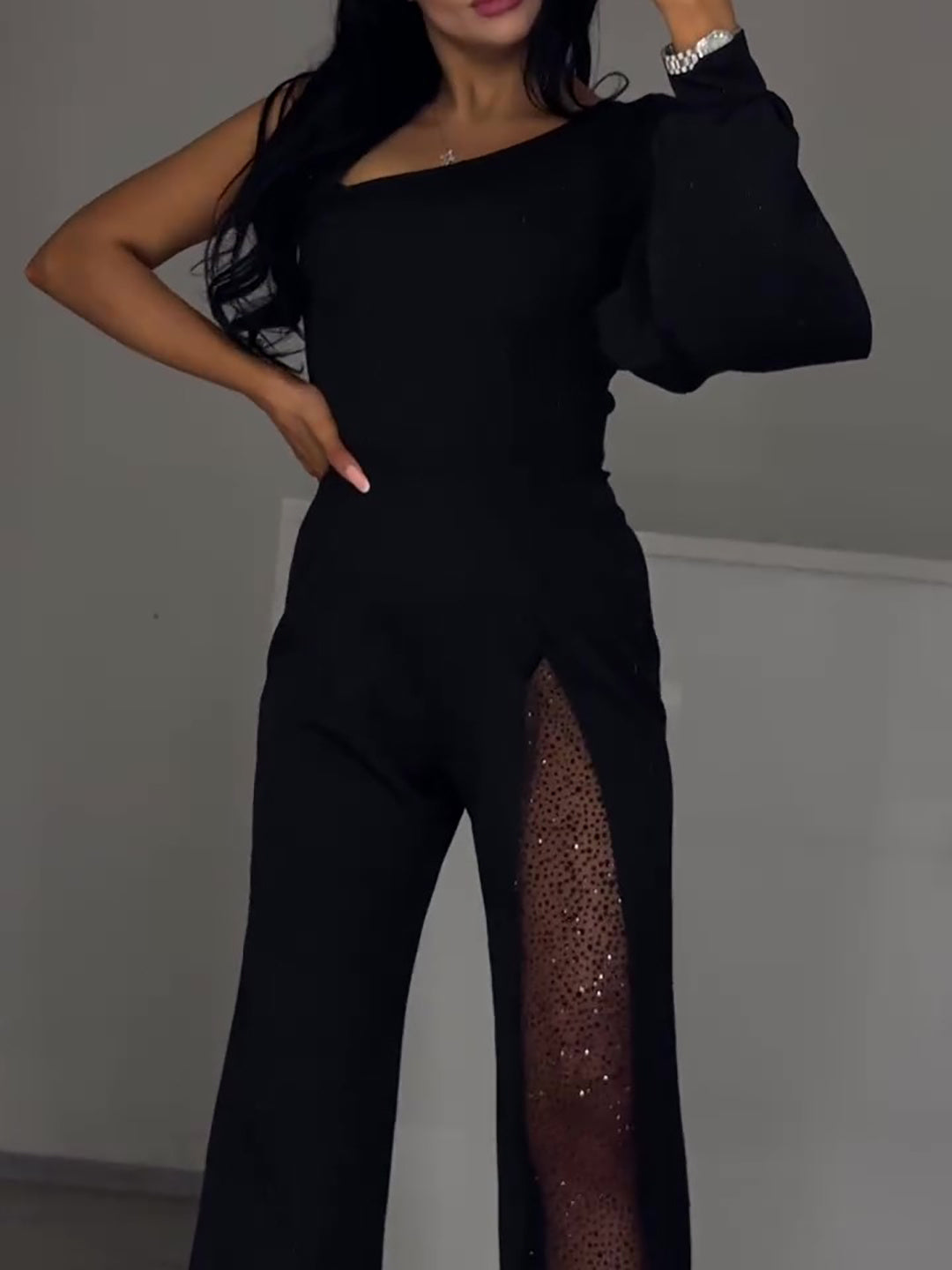 "Single Sleeve Patchwork Mesh Jumpsuit | Stylish Women’s Fashion Outfit"