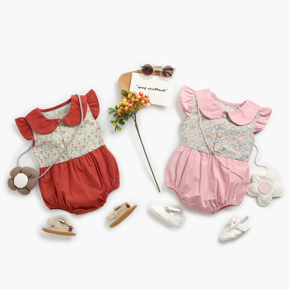 "Baby Short Sleeve Floral Rompers | Color Matching Baby Outfit"