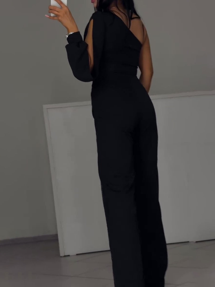 "Single Sleeve Patchwork Mesh Jumpsuit | Stylish Women’s Fashion Outfit"