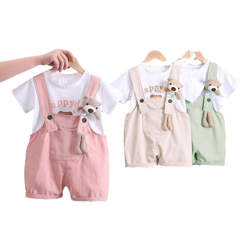 "Summer Children's Cotton T-shirt & Suspender Suit | Comfortable & Stylish Outfit"